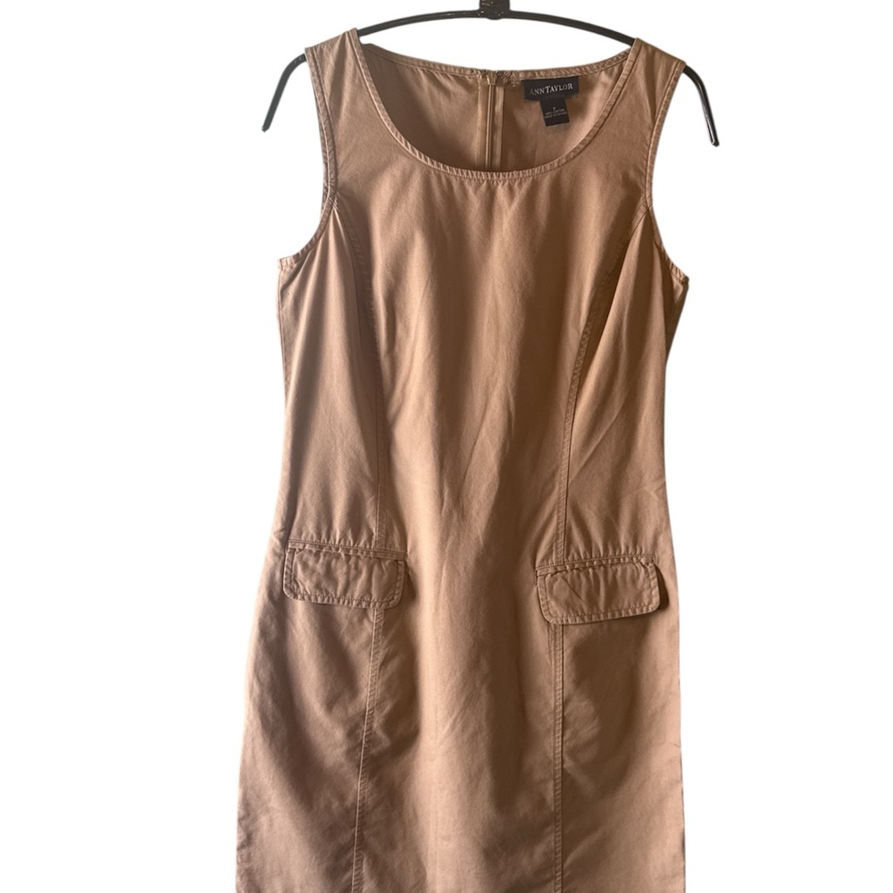 Ann Taylor Tan Sleeveless Midi Dress Sheath Two Front Pockets Work Casual Wear